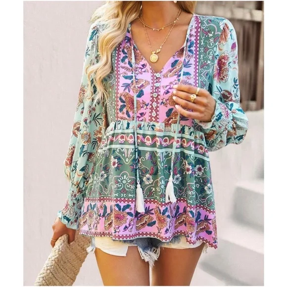01 Boho Floral Print Cottagecore Blouse - Picture 2 of 5